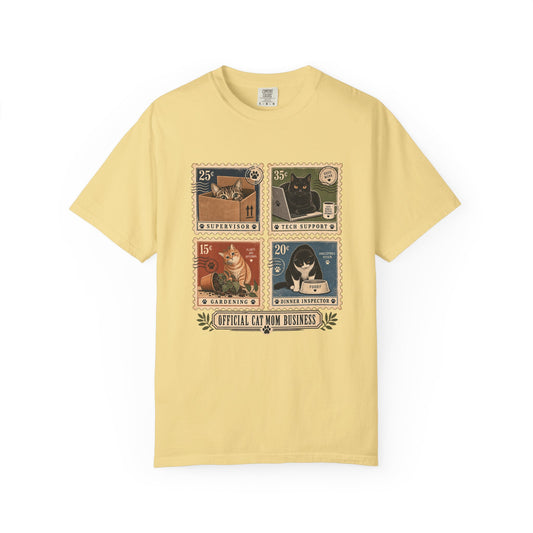 Cat Stamp Graphic T-Shirt — "Official Cat Mom Business" Vintage Postage Design