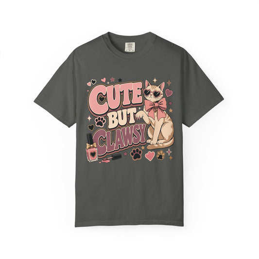 Cute But Clawsy Cat T-Shirt — Cute Cat with Nail Polish & Bow Graphic