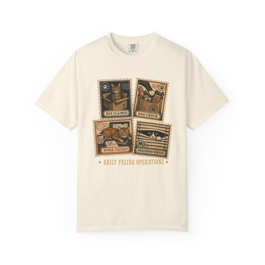 Cat Stamps Graphic T-Shirt — "Daily Feline Operations" Vintage Cat Comic Tee