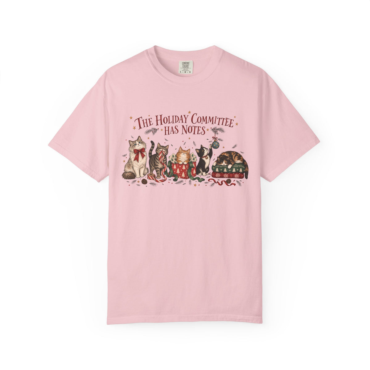 Holiday Committee Cats T-Shirt — "The Holiday Committee Has Notes" Cute Festive Cat Crew Tee