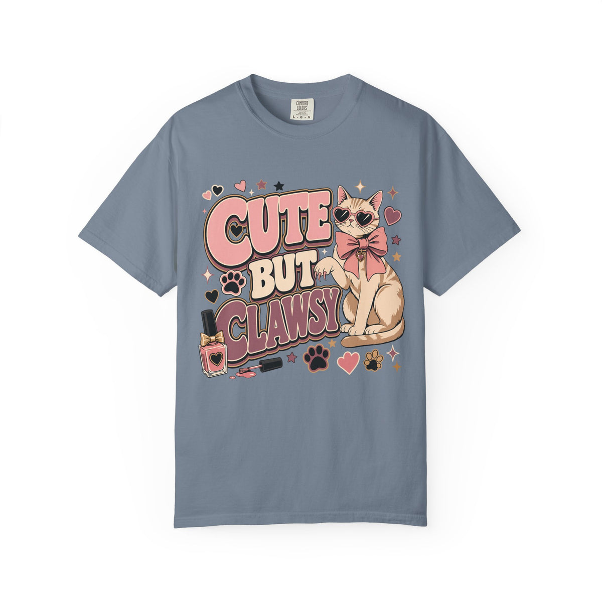 Cute But Clawsy Cat T-Shirt — Cute Cat with Nail Polish & Bow Graphic