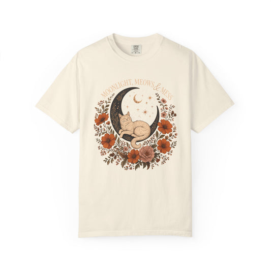Moonlight Meow Cat T-Shirt — Floral Crescent Moon Graphic Tee