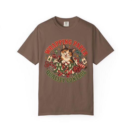 Wrapping Paper Quality Control T-Shirt — Cute Cat Holiday Gift Tee