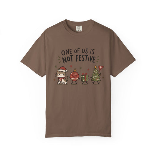 Funny Holiday T-Shirt "One of Us is Not Festive" – Cute Grinchy Cartoon Xmas Tee