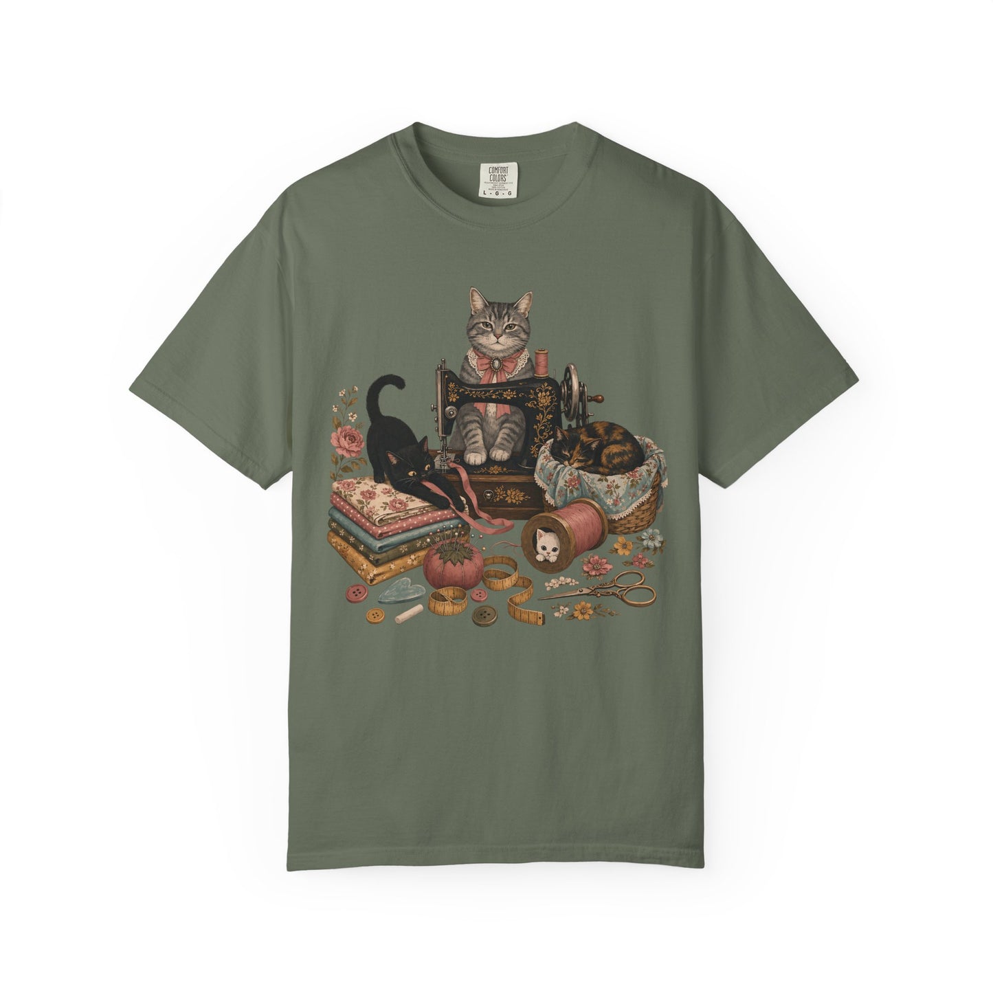 Cat Crafter T-Shirt — Vintage Sewing & Yarn Cat Graphic Tee