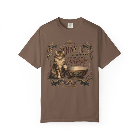 Vintage Cat T-Shirt — "Dinner Has Been Moved Up By Management"