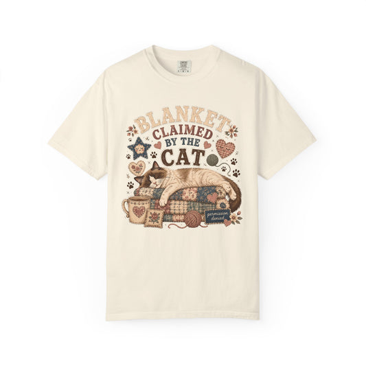 Cat Lover Tee — "Blanket Claimed by the Cat" Cozy Vintage Graphic T-Shirt