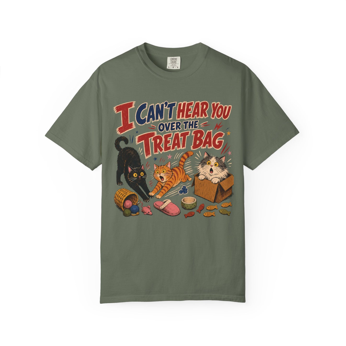 Halloween Cat Treats T-Shirt — "I Can't Hear You Over the Treat Bag" Cute Cat Halloween Tee