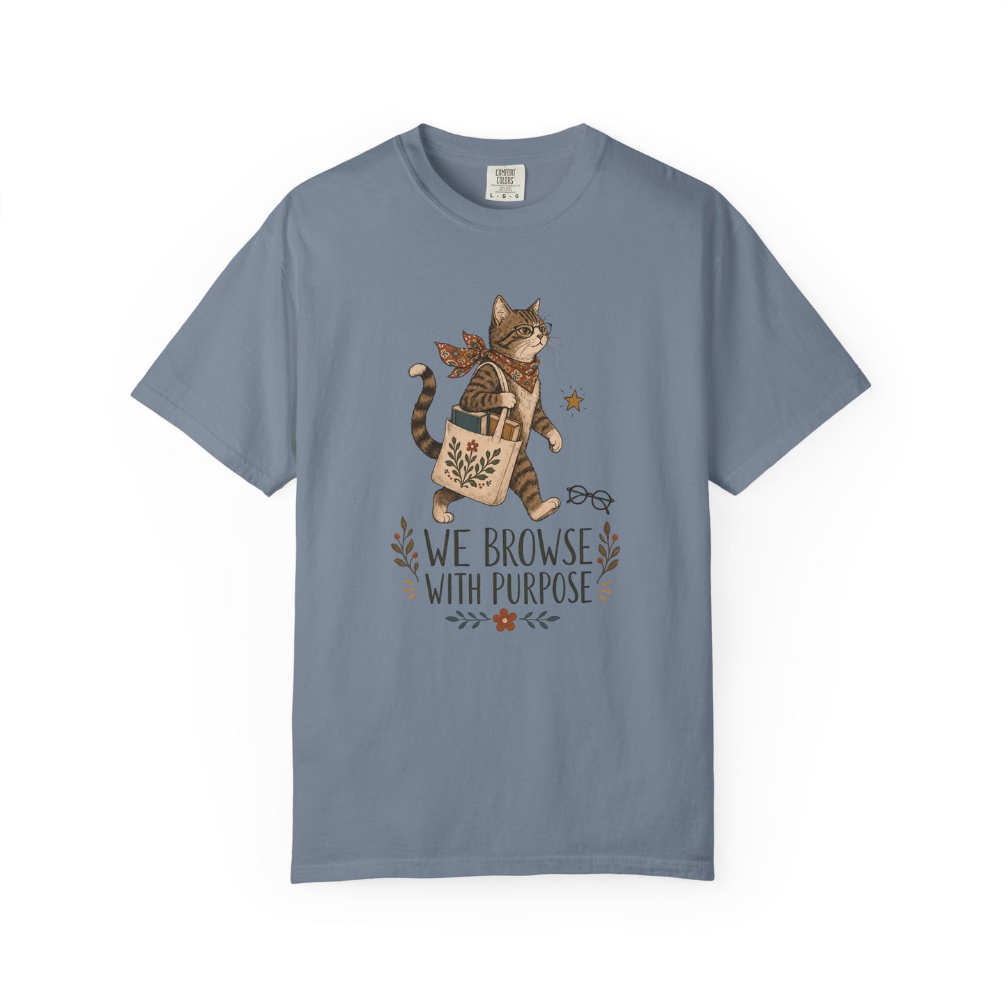 Cat Shopper T-Shirt — “We Browse With Purpose” Cute Bookish Cat Tee