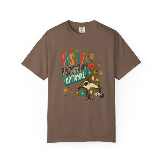 Festive Participation Optional Cat T-Shirt — Retro Christmas Tree Holiday Tee