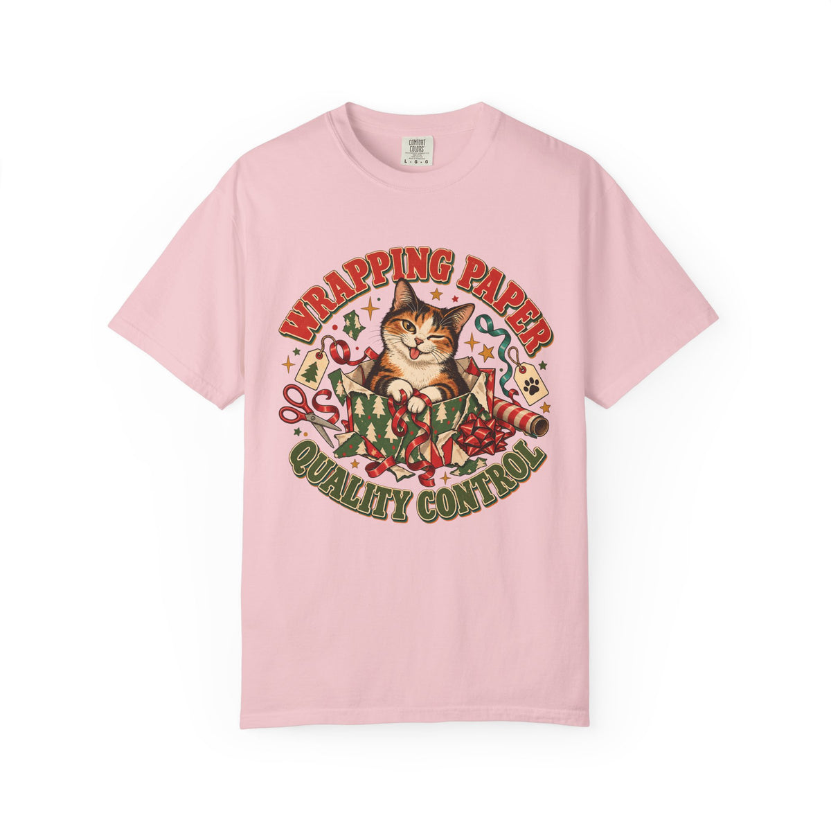 Wrapping Paper Quality Control T-Shirt — Cute Cat Holiday Gift Tee