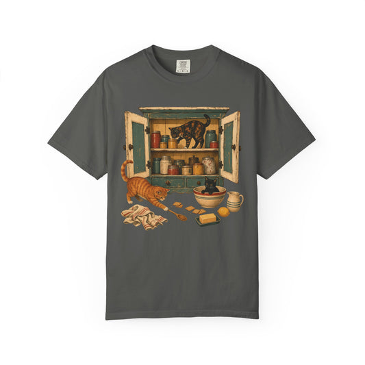 Cabinet Kitchen Cats T-Shirt — Vintage Pantry Illustration Tee
