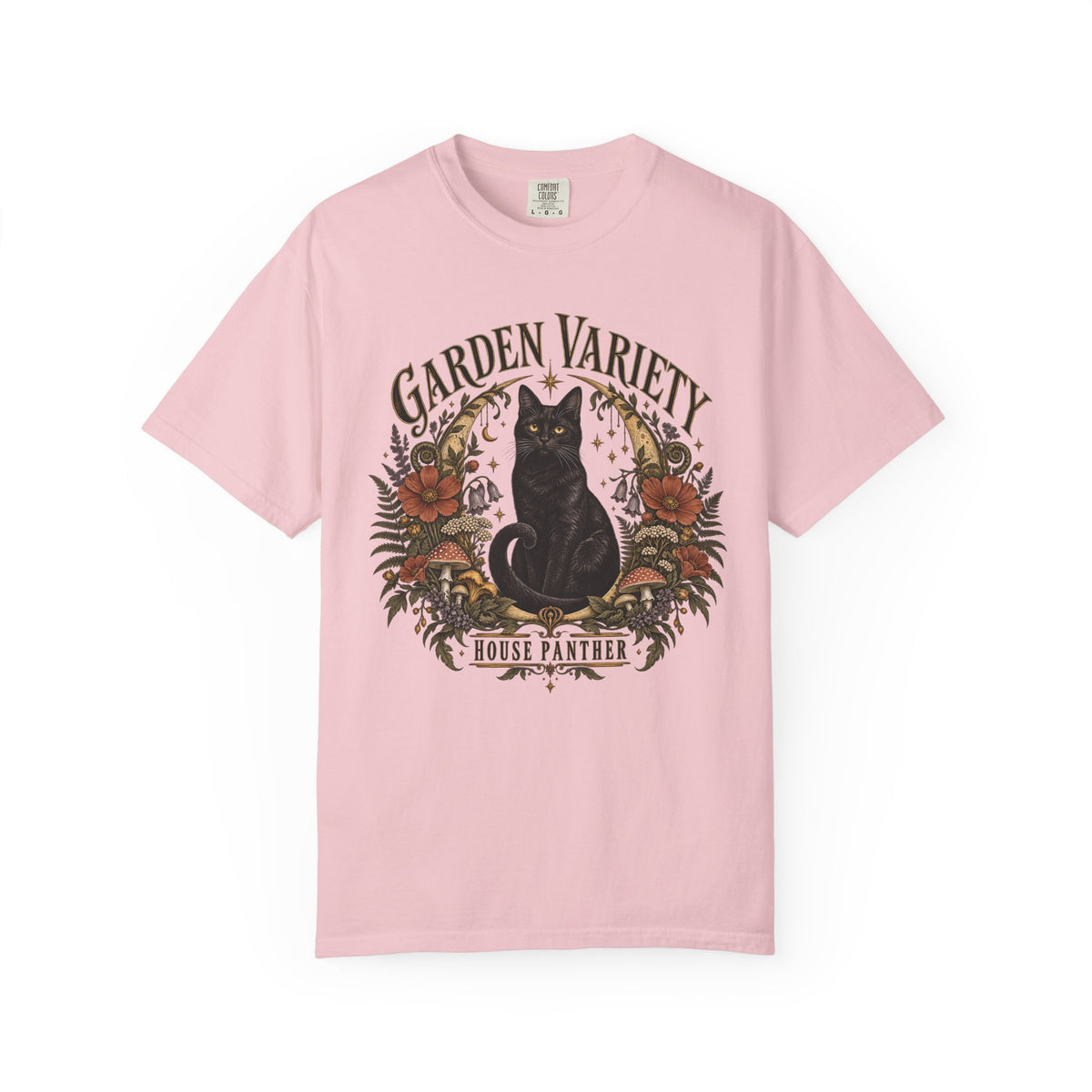 Garden Variety Black Cat T-Shirt — “House Panther” Vintage Floral Tee