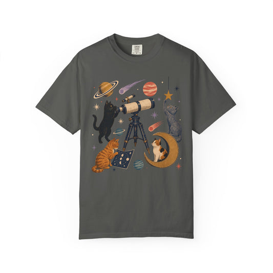 Celestial Cats Telescope T-Shirt — Space Kitty Astronomy Graphic Tee