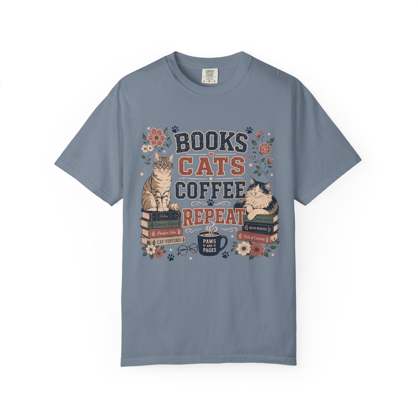 Books • Cats • Coffee Repeat T-Shirt — Cozy Reader Cat Lover Tee