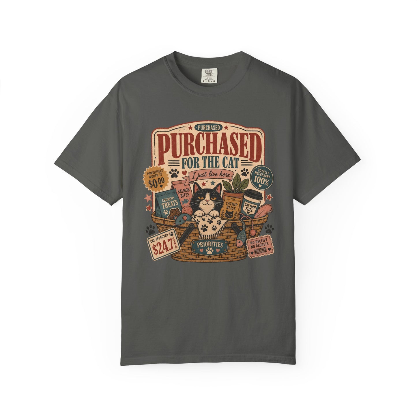 Cat Lover T-Shirt — "Purchased for the Cat" Vintage Pet Humor Tee