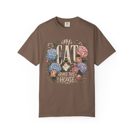 Cat Runs This House T-Shirt — Floral Cat Mom Tee