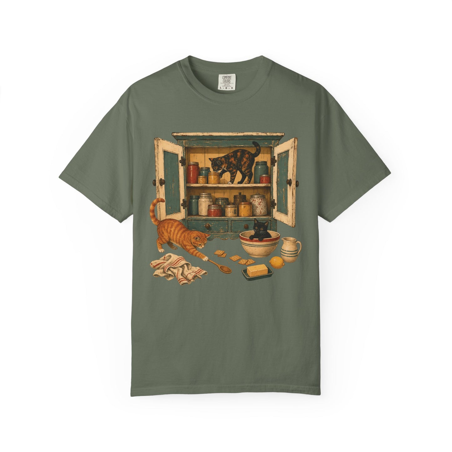 Cabinet Kitchen Cats T-Shirt — Vintage Pantry Illustration Tee