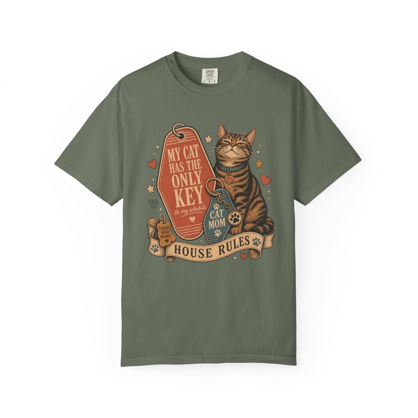 Cat Mom T-Shirt — “My Cat Has The Only Key” Vintage House Rules Tee