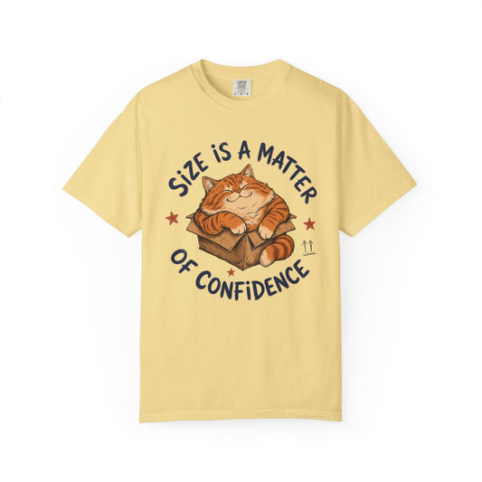 Cat Confidence T-Shirt — "Size Is a Matter of Confidence" Graphic Tee
