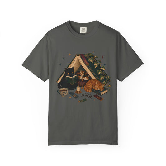 Bookish Cats T-Shirt — Cozy Reading Graphic Tee with Cats, Books & Tea