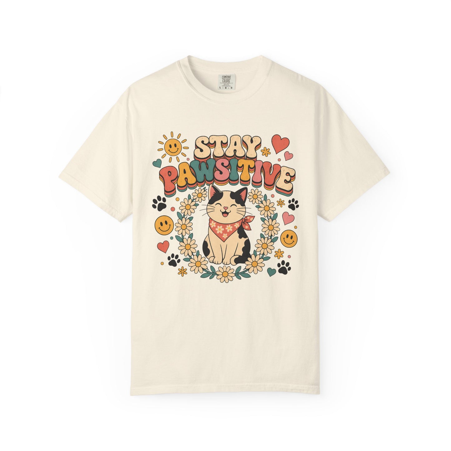 Stay Pawsitive Cat T-Shirt — Retro Floral Cute Kitten Tee