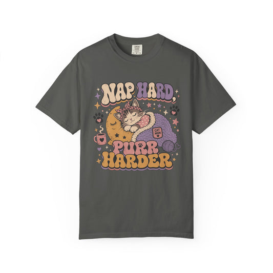 Cat Nap T-Shirt — "Nap Hard Purr Harder" Retro Cute Cat Graphic Tee