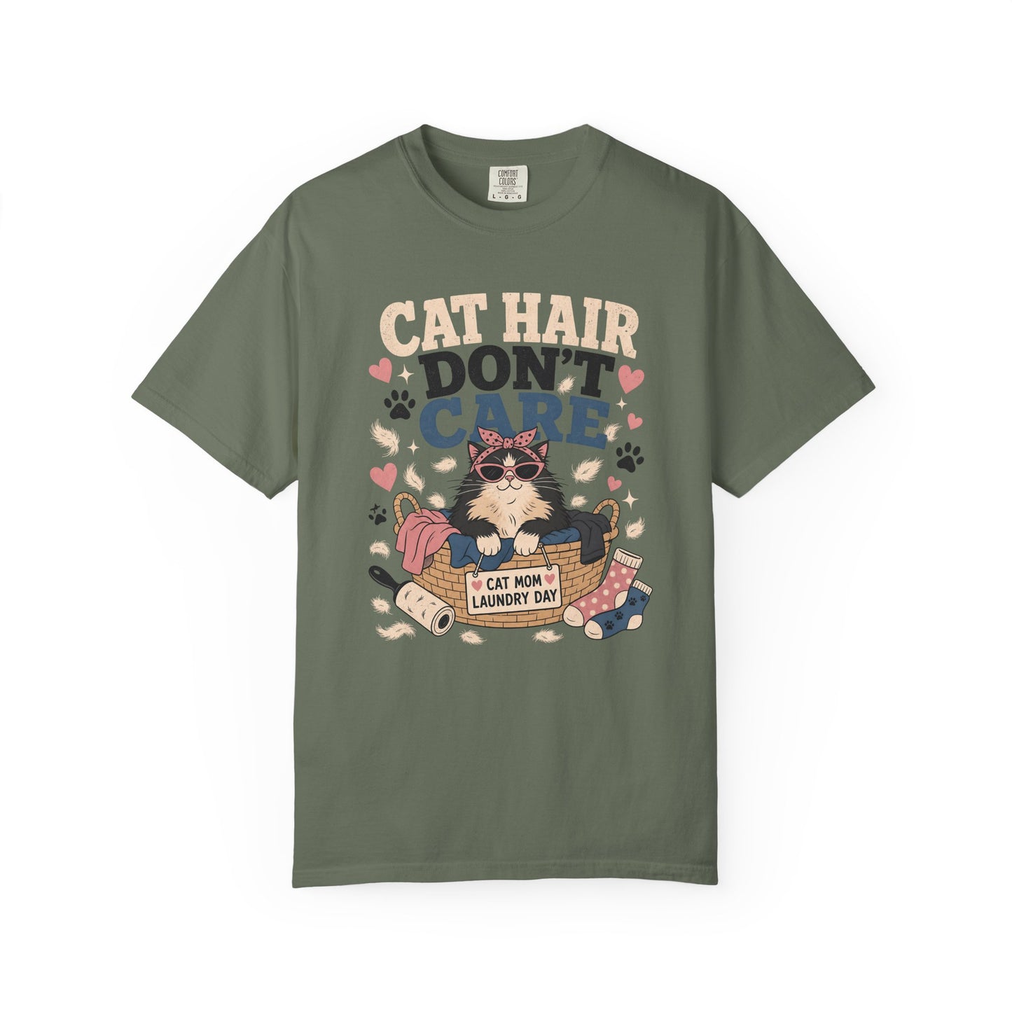 Cat Hair Don’t Care T-Shirt — Cute Laundry Day Cat Graphic Tee