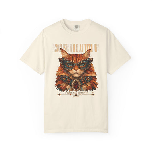 Cat Attitude Graphic T-Shirt — "Excuse The Attitude" Vintage Cat Portrait Tee