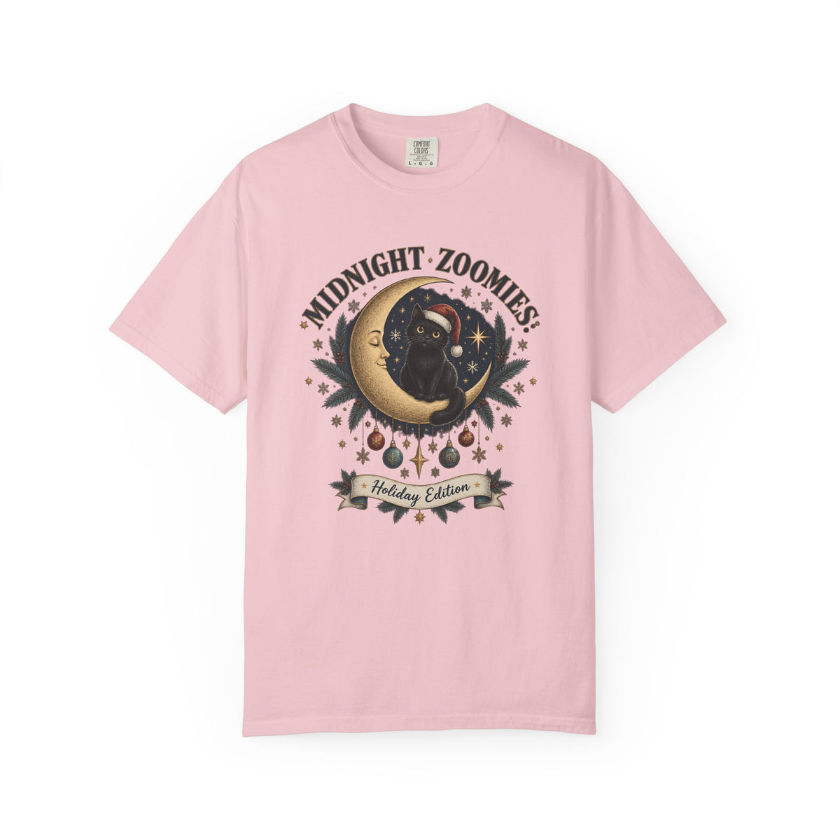 Midnight Zoomies Holiday Tee — Cute Black Cat on Crescent Moon Graphic T-Shirt