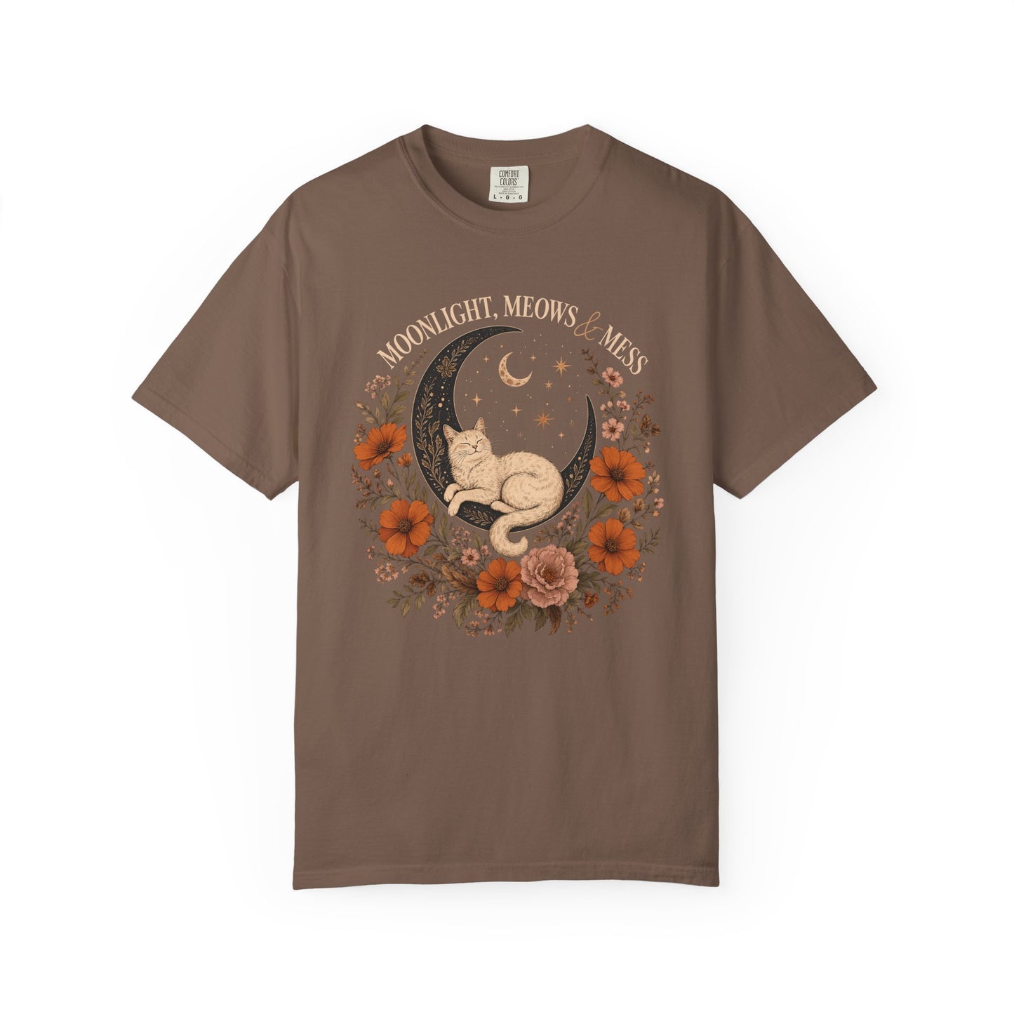 Moonlight Meow Cat T-Shirt — Floral Crescent Moon Graphic Tee