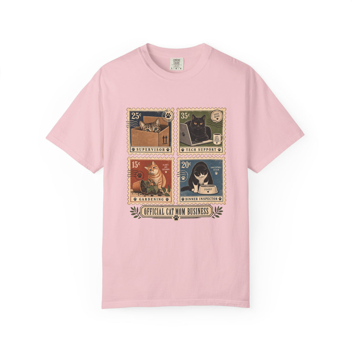 Cat Stamp Graphic T-Shirt — "Official Cat Mom Business" Vintage Postage Design