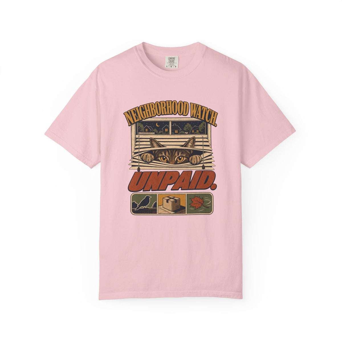 Neighborhood Watch "Unpaid" Graphic T-Shirt — Cat Peeking Parcel Delivery Design