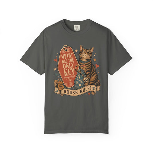 Cat Mom T-Shirt — “My Cat Has The Only Key” Vintage House Rules Tee