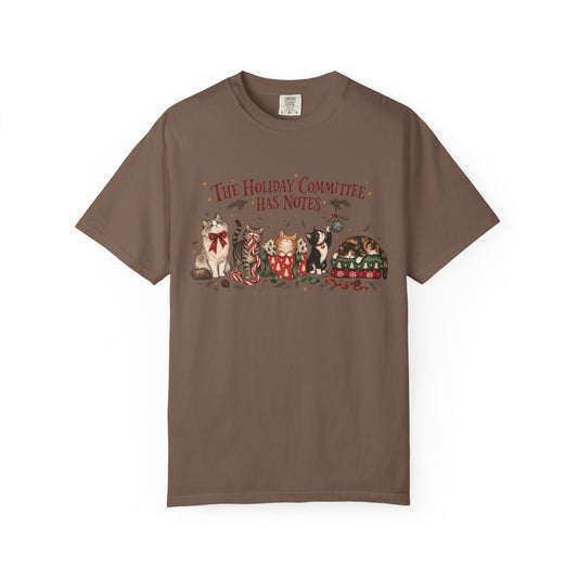 Holiday Committee Cats T-Shirt — "The Holiday Committee Has Notes" Cute Festive Cat Crew Tee
