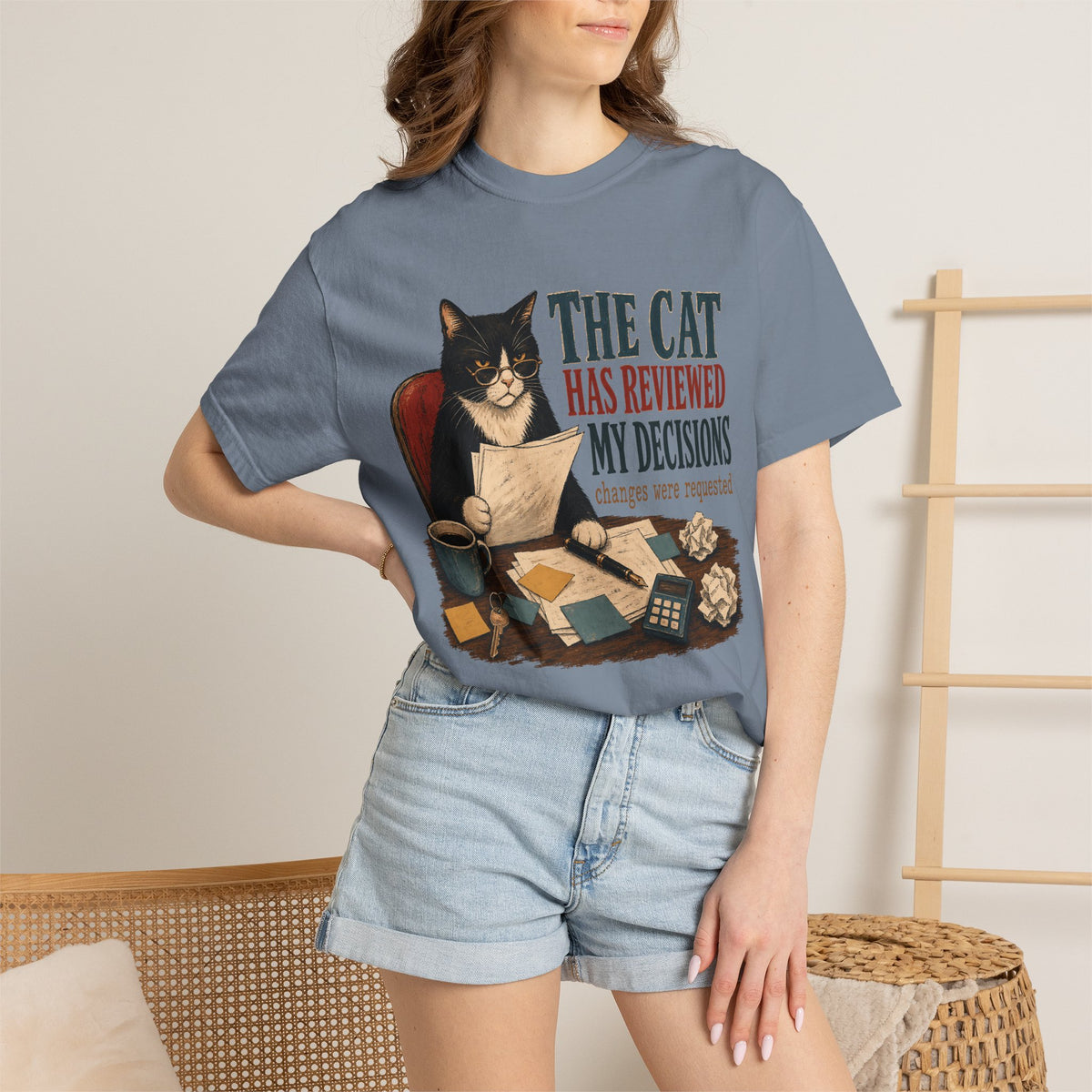 Cat Reviewer T-Shirt — "The Cat Has Reviewed My Decisions" Vintage Cat Office Tee