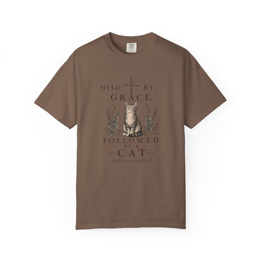 T-Shirt — "Held by Grace, Followed by the Cat" Vintage Cat Faith Tee