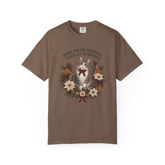 Holiday Cat T-Shirt — “Home for the Holidays Under Cat Supervision” Vintage Floral Cat Tee