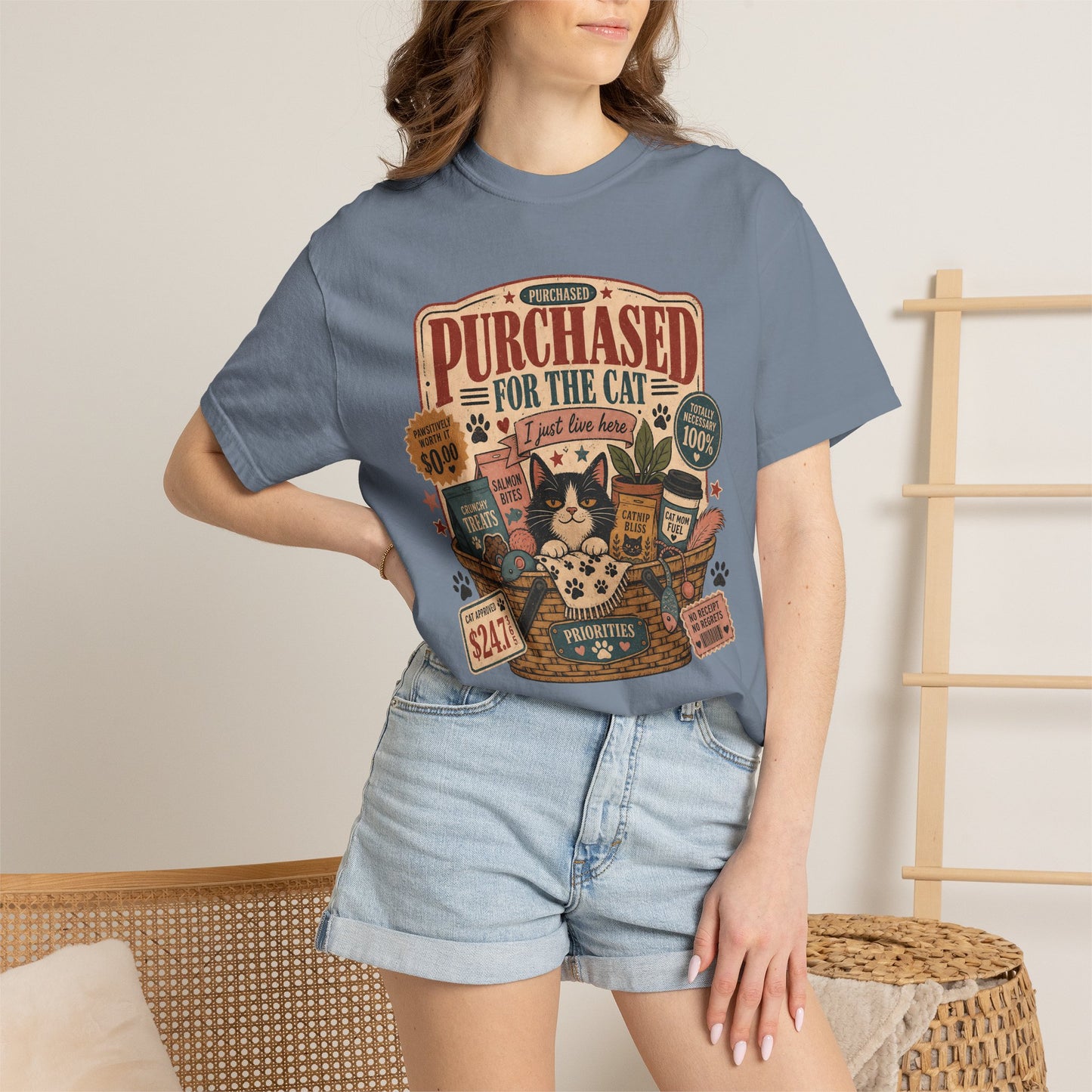 Cat Lover T-Shirt — "Purchased for the Cat" Vintage Pet Humor Tee