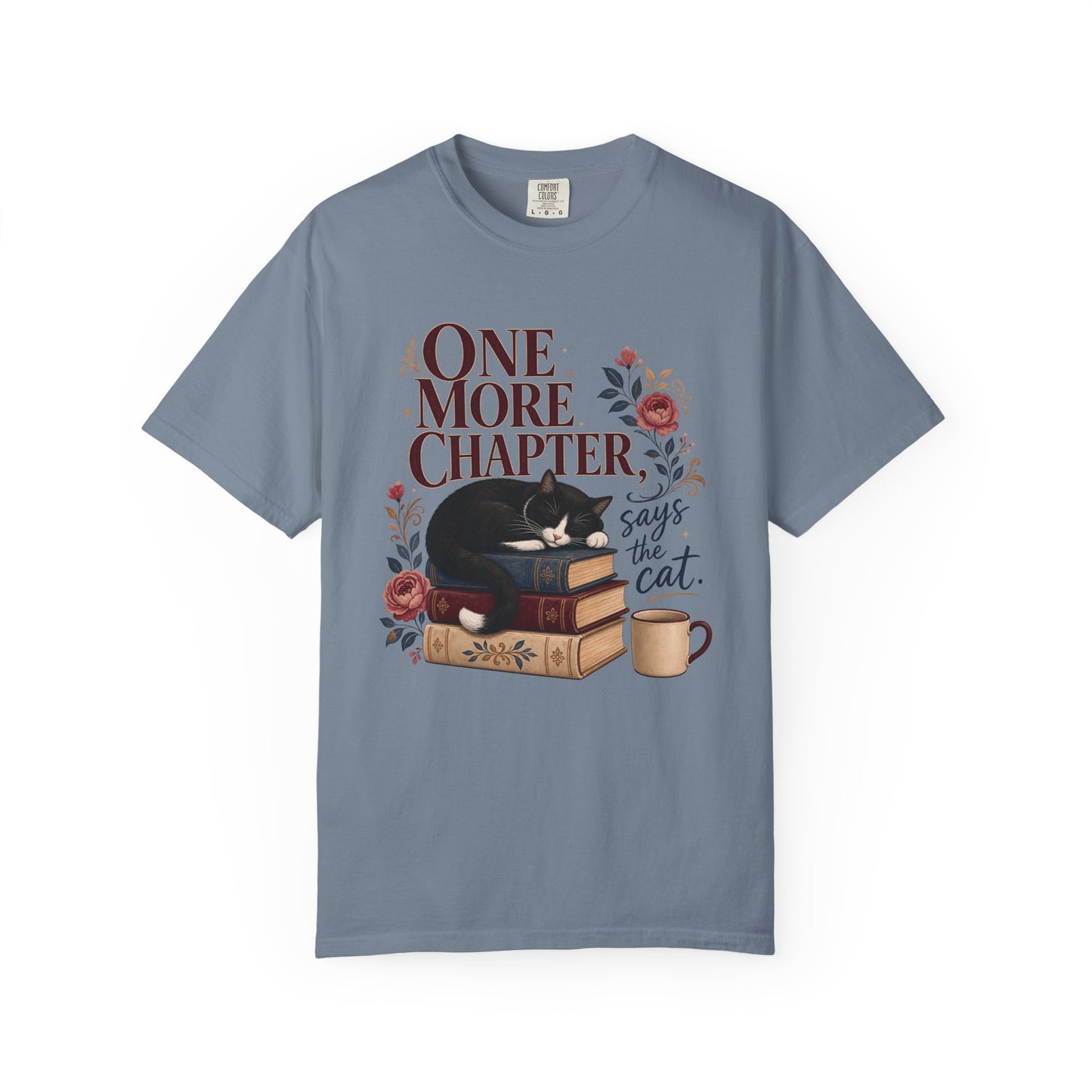 One More Chapter Says the Cat T-Shirt — Cozy Booklover Cat Tee