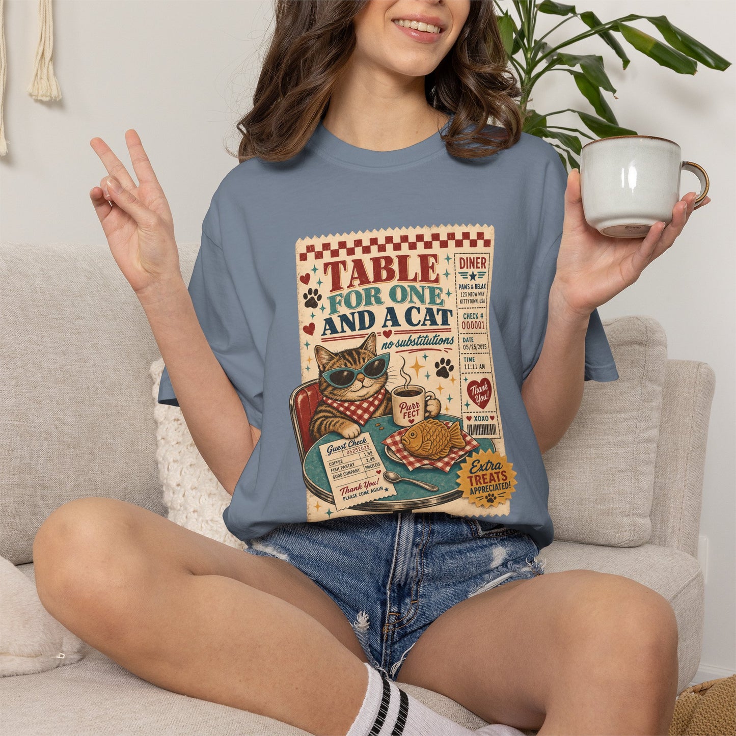 Table for One and a Cat T-Shirt — Retro Diner Cat Lover Tee