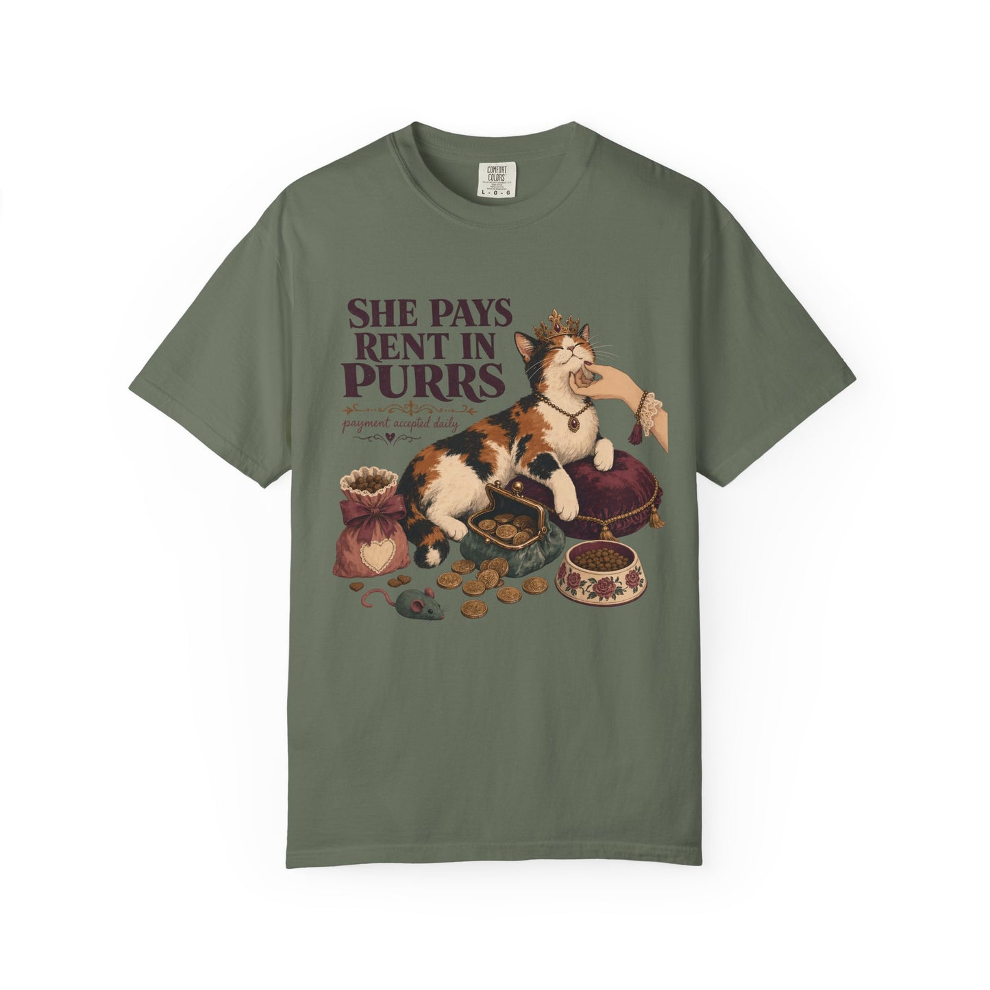 Cat Lover T-Shirt — "She Pays Rent in Purrs" Vintage Cat Illustration