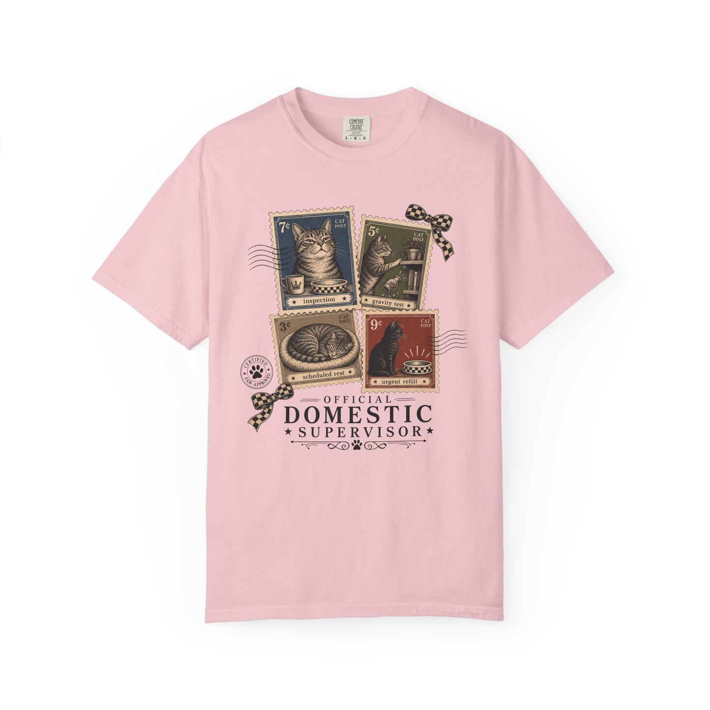 Domestic Supervisor Cat T-Shirt — Vintage Stamp Cat Lover Tee