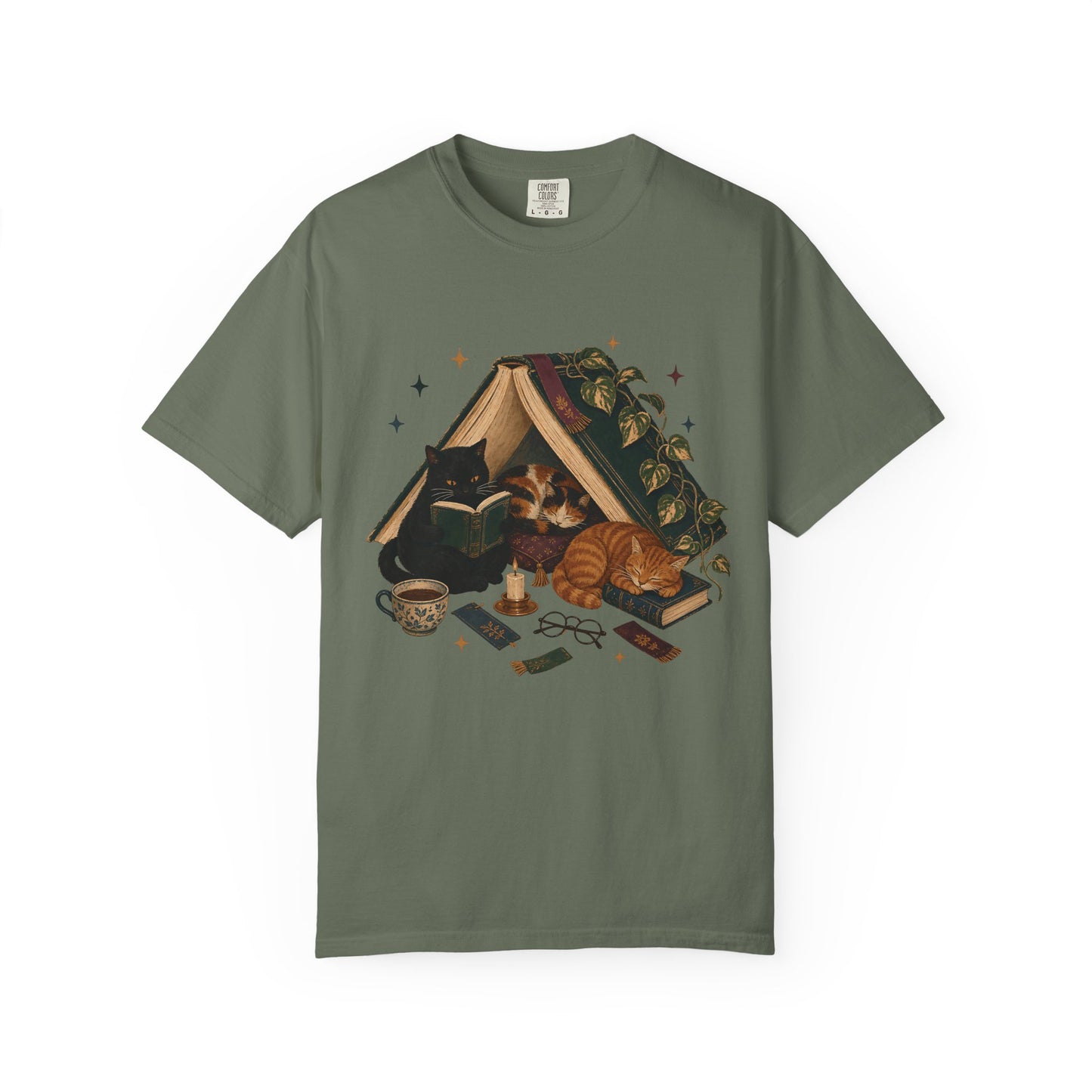 Bookish Cats T-Shirt — Cozy Reading Graphic Tee with Cats, Books & Tea