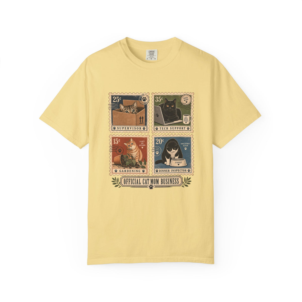 Cat Stamp Graphic T-Shirt — "Official Cat Mom Business" Vintage Postage Design