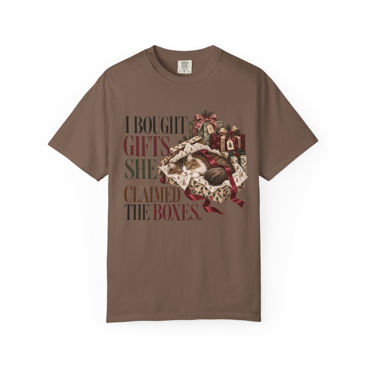 Holiday Cat T-Shirt — "I Bought Gifts, She Claimed the Boxes" Funny Christmas Tee