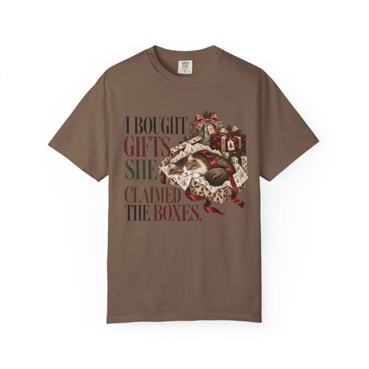 Holiday Cat T-Shirt — "I Bought Gifts, She Claimed the Boxes" Funny Christmas Tee