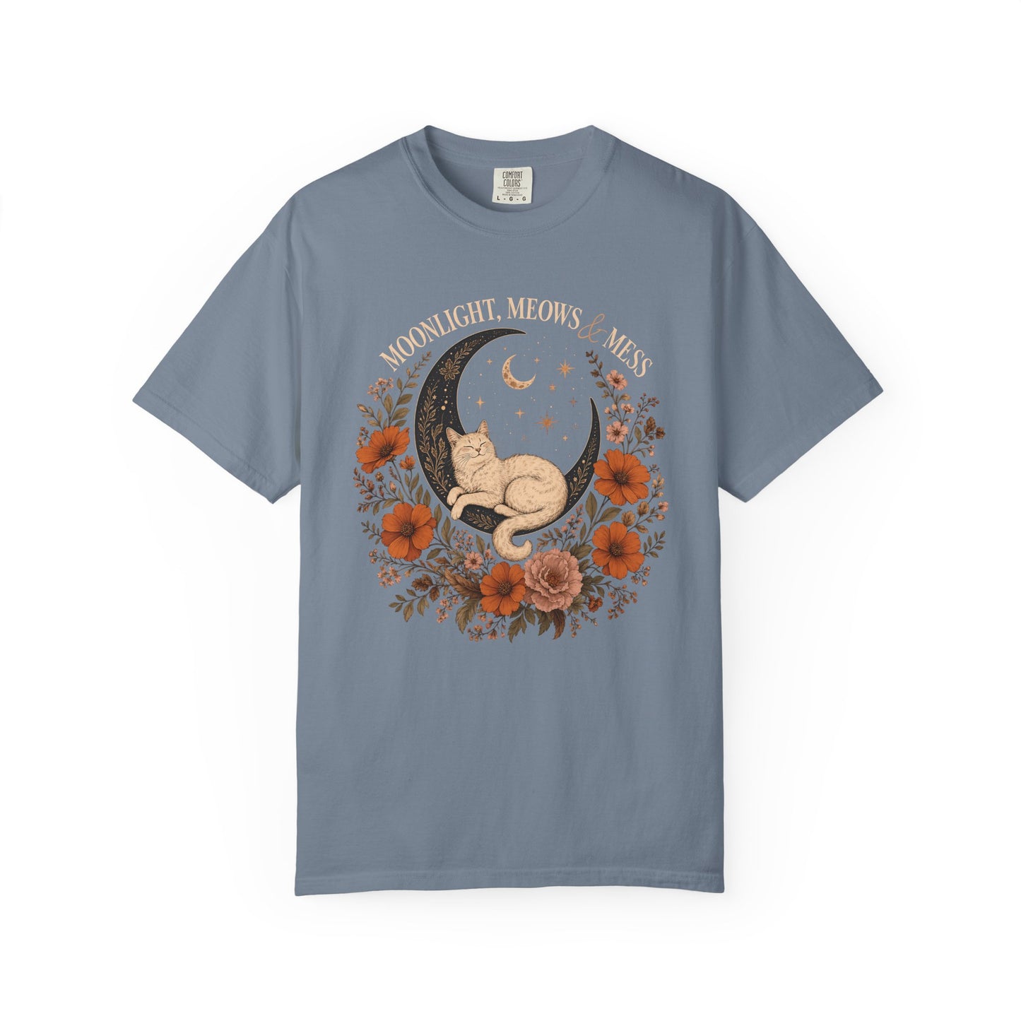 Moonlight Meow Cat T-Shirt — Floral Crescent Moon Graphic Tee