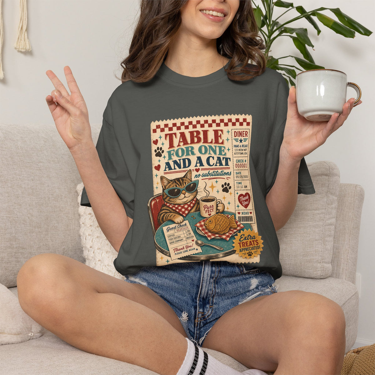 Table for One and a Cat T-Shirt — Retro Diner Cat Lover Tee