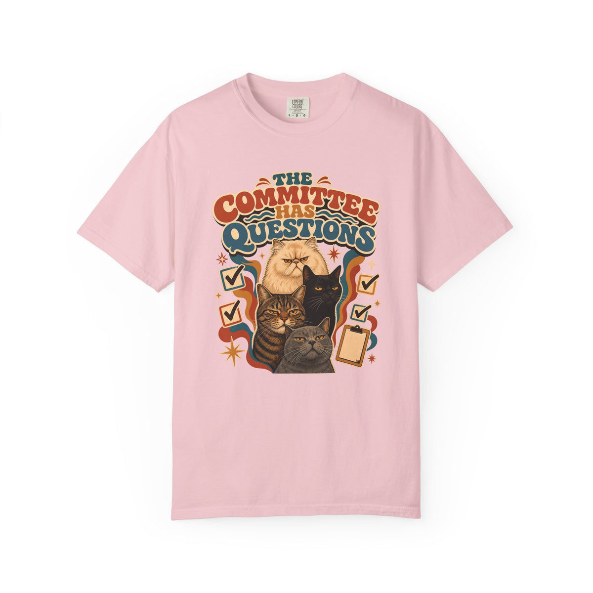 T-Shirt — "The Committee Has Questions" Retro Illustrative Cat Tee